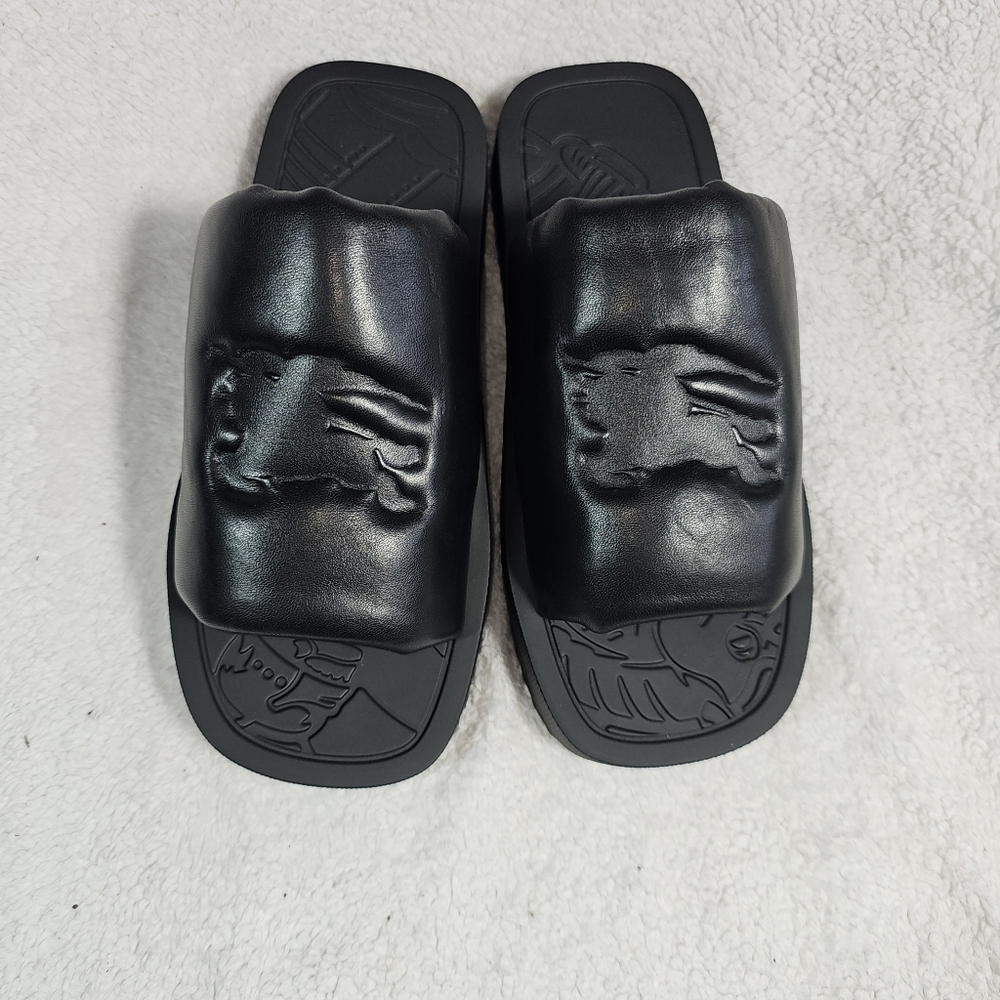 Burberry Leather Slab Knight Slides Leather Black Size 39eu 9us